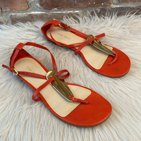 Nine West Weslie Orange Leather Flat Sandals, Size 7.5M - Picture 1 of 14